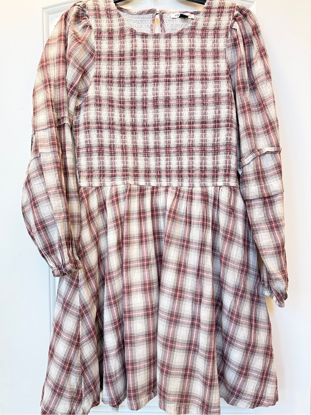American Eagle Smocked Plaid Dress in Mauve and Ivory